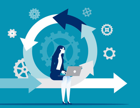 Young person with laptop checks programs. Product iteration vector illustration conceptのイラスト素材