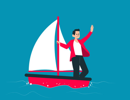 Courage and leader ship to success. Investors standing in paper boat on fluctuate market conceptのイラスト素材