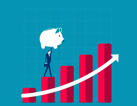 Investor hold wealthy piggy bank walking up risign stock market bar graph. Growth stockのイラスト素材
