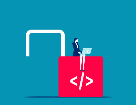 Programmer working using computer laptop working on unlock lock with coding symbolのイラスト素材