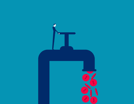 Investor opening water tap to let coin money flowing out. Making profit from stock investment conceptのイラスト素材