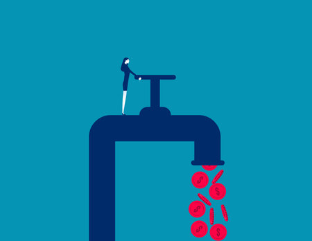 Investor opening water tap to let coin money flowing out. Making profit from stock investment conceptのイラスト素材