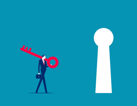 Investor hokding key and walking to unlock keyhole to reach tar get. Goal achievement vector conceptのイラスト素材