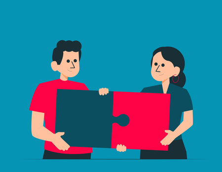 Happy team with jigsaw puzzle success. Soft skills concept illustrationのイラスト素材
