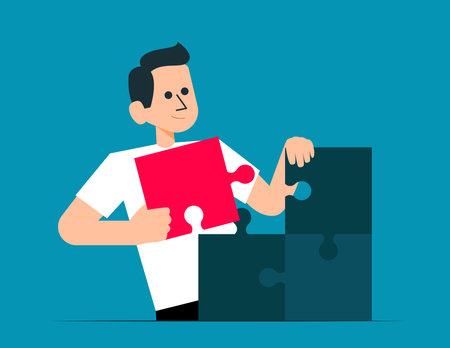 Happy man with jigsaw puzzle success. Soft skills concept illustrationのイラスト素材