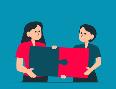 Happy team with jigsaw puzzle success. Soft skills concept illustrationのイラスト素材
