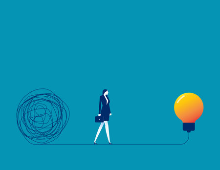 Investor walking away from mess chaos line to simple lightbulb ideaDiscover easy way to understand vector conceptのイラスト素材
