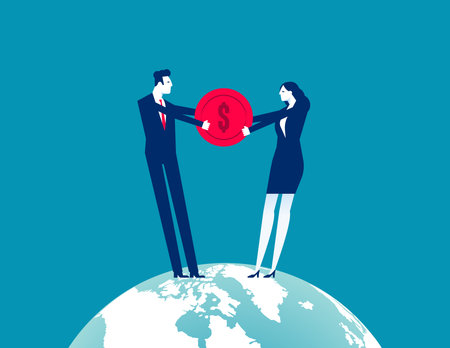 Businessperson with partner standing on the planet and fighting for coin moneyのイラスト素材