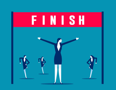 Businesswoman finish line celebrating success cheers of friends behind stock vectorのイラスト素材