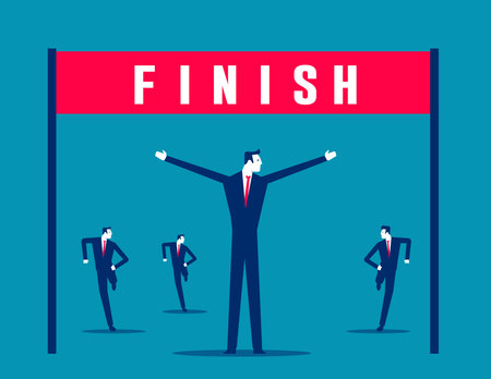 Businessman finish line celebrating success cheers of friends behind stock vectorのイラスト素材