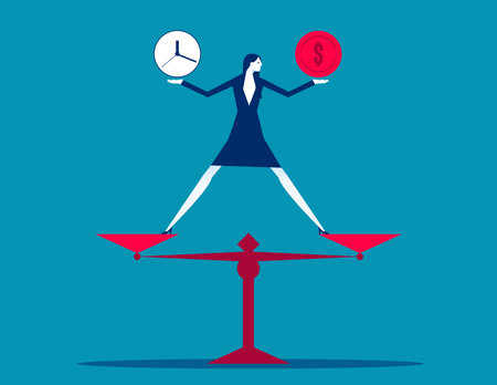 Time and money on scales. People balance job time and money in business time for success. Business vector conceptのイラスト素材