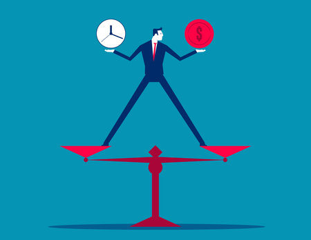Time and money on scales. People balance job time and money in business time for success. Business vector conceptのイラスト素材