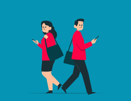 People walking and looking at phone vector conceptのイラスト素材