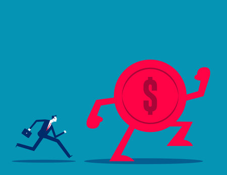 Businessman running away from big coin. Concept business vector illustration.のイラスト素材