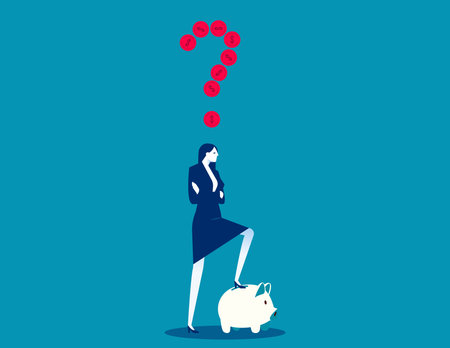Businesswoman and piggy bank with question mark. Business concept illustrationのイラスト素材