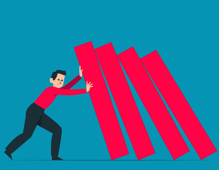 Person pushing falling domino line. Problem solving and stopping conceptのイラスト素材