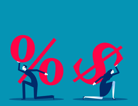 Business team carrying huge dollar sign and percentage symbolsのイラスト素材