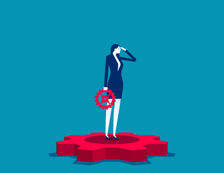 Woman business manager standing on gear wheel. Business vector conceptのイラスト素材