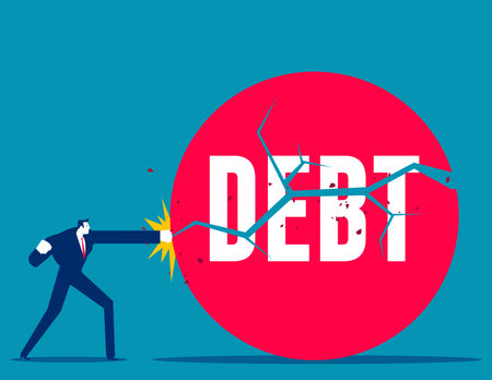 Businessman boxing and defeating huge debt iron ball. Business vector conceptのイラスト素材