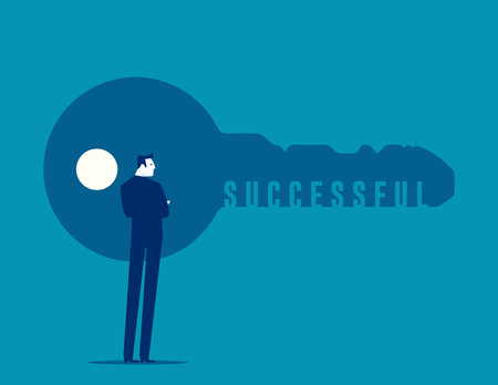 Businessman looking to the key and ponders. Business successful vector conceptのイラスト素材