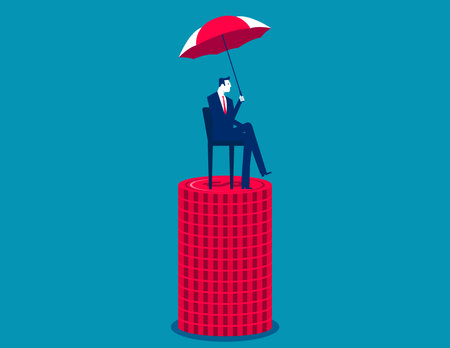 The businessman is sitting on the stack of coins with an umbrella. Business commercial insurance protects vector conceptのイラスト素材