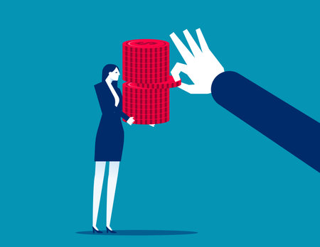 Big hand from the merchant holding a pile of coins inside a part of the coinsのイラスト素材