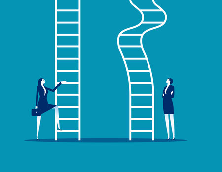 Business people about to climb up easy and difficult career ladder. Climbing ladder with obstacle conceptのイラスト素材