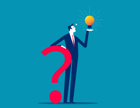 Smart businessman holding question mark sign and lightbulb solution. Creative thinking idea conceptのイラスト素材