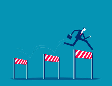 Business challenge, overcome difficulty or obstacle to achieve business success, effort. Ambitious businessman jump over hurdles. Skill or aspiration to solve problem concept.のイラスト素材
