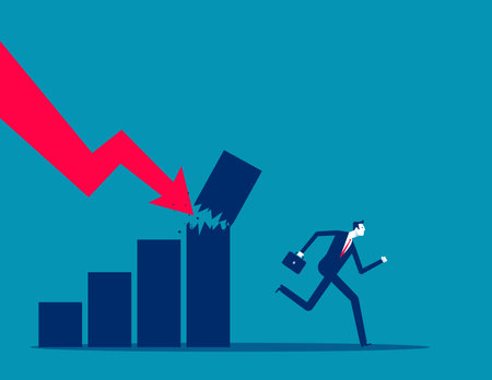 Money loss. Fear businessman or investor with money run away from collapsing graph. Economic recession from high inflation, stock market crash, investment risk or price. Crisis or depression conceptのイラスト素材