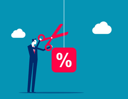 Stop Inflation. Fed raised the central bank interest rate to curb soaring inflation. Businesswoman cuts a percentage mark with scissors. Business flat vector illustration. Economic crisis conceptのイラスト素材