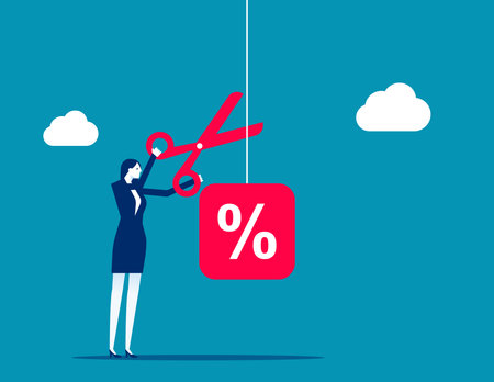 Stop Inflation. Fed raised the central bank interest rate to curb soaring inflation. Businesswoman cuts a percentage mark with scissors. Business flat vector illustration. Economic crisis conceptのイラスト素材