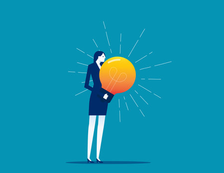 Employee with lightbulb. Innovation idea to drive team success, business innovative solution. business man carries the big innovative idea of the smart bulb. Flat illustration. Business idea conceptのイラスト素材