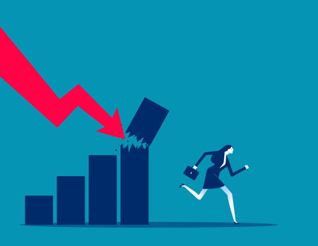 Money loss. Fear businessman or investor with money run away from collapsing graph. Economic recession from high inflation, stock market crash, investment risk or price. Crisis or depression conceptのイラスト素材