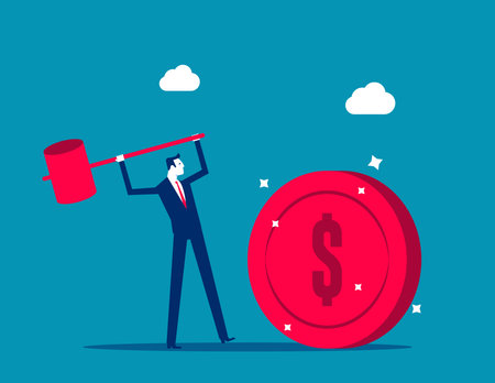 Global economic money problem. Businessman uses sledgehammer and brakes dollar coin. Bankruptcy unpaid loan debt, investment failure. Business flat vector illustration. Financial crisis conceptのイラスト素材