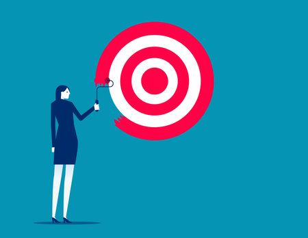 Purpose, set business goal or target, KPI, key performance indicator or set objective, ambitious businessman on ladder using paint roller to paint big dartboard, archery target. Achievement conceptのイラスト素材