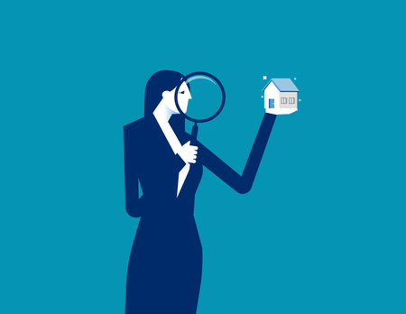 Property appraisal or price evaluation, housing assessment for market value, residential sale, rating or real estate review concept, businessman appraiser magnifier review property with star rating.のイラスト素材