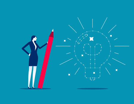 Connecting the dot, solving puzzle problem or business idea, innovation or creativity, challenge or thinking process concept, businessman holding pencil connecting dot puzzle as new lightbulb idea.&#xD;&#xA;のイラスト素材