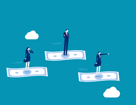 Cash flow, investment direction or financial trend, profit or earning from business, income or salary, stock market investing, wealth expert concept, business people riding flying money banknotes.のイラスト素材