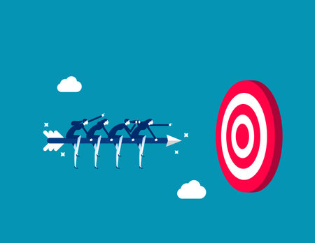 Teamwork aiming for target, business goal or achievement, focus on goal, objective or purpose, company direction or collaboration partner concept, business people team riding arrow to hit bullseye.のイラスト素材