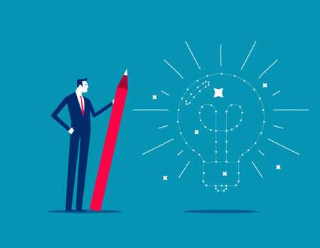 Connecting the dot, solving puzzle problem or business idea, innovation or creativity, challenge or thinking process concept, businessman holding pencil connecting dot puzzle as new lightbulb idea.&#xD;&#xA;のイラスト素材