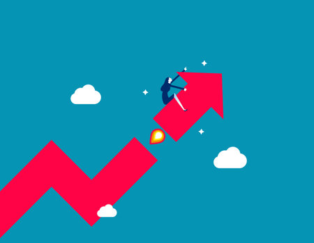 Investment growth boosting profit earning, increase market return or boost growth, growing fast, startup launch project or improvement concept, businessman riding rising up arrow with rocket booster.のイラスト素材