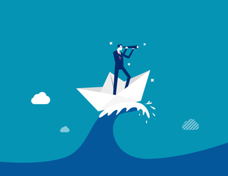 Vision to see opportunity, leadership to lead to success, search for challenge, look for goal, strategy to win business concept, businessman leader look through binocular on the ship in storm ocean.のイラスト素材