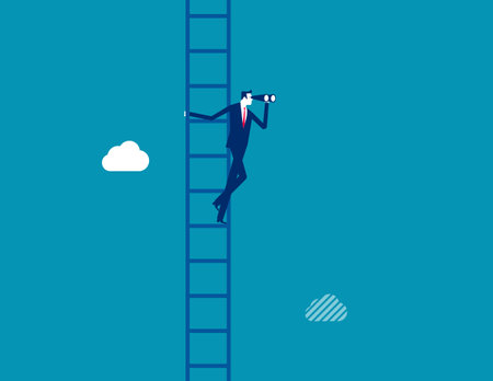 Career opportunity, business success vision or searching for new job, leadership visionary, looking for goal, future or business discovery concept, businesswoman climb up ladder looking on telescope.のイラスト素材