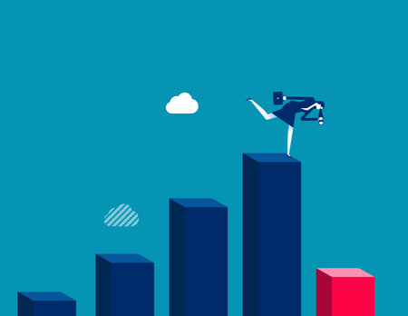 Next economic recession forecast or prediction, stock market decline or revenue decrease, low performance or GDP falling down concept, businesswoman investor look through telescope to see despair graph.のイラスト素材