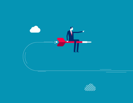 Change business direction, leadership decision to change to success, turning point or different way to reach target concept, confident businessman riding dart changing direction to the right target.のイラスト素材