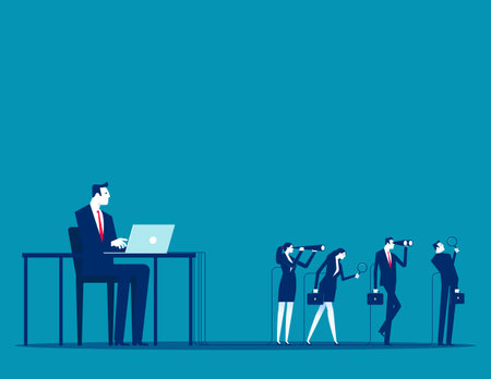 Employees tied to the boss's computer. Vector the Boss who Controls the Employees Connected to the Computer with Cables on the Screenのイラスト素材