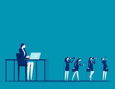 Employees tied to the boss's computer. Vector the Boss who Controls the Employees Connected to the Computer with Cables on the Screenのイラスト素材