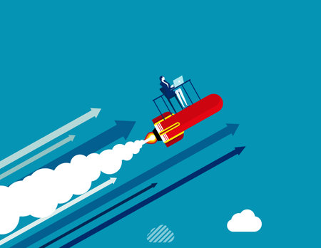 Businesswoman with a rocket rising. Business improvement vector illustrationのイラスト素材