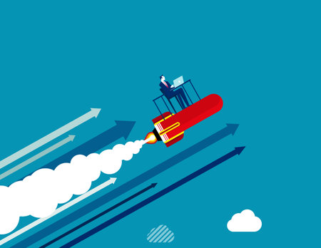 Businessman with a rocket rising. Business improvement vector illustrationのイラスト素材